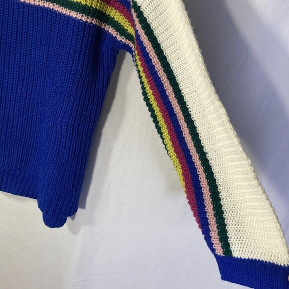 TRUE CRAFT white blue multicolor stripe color block crew neck pullover sweater M - Picture 7 of 11